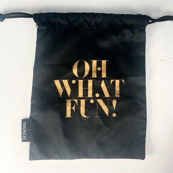 Sephora Oh What Fun Drawstring Nylon MakeUp Delicates Travel Bag Black Gold New - Picture 1 of 5